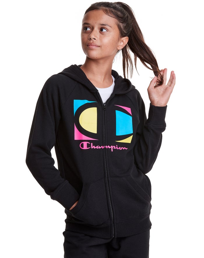 Champion Pige Hættetrøje Sort - Full Zip Colorblock C Logo - Danmark JKH-615834